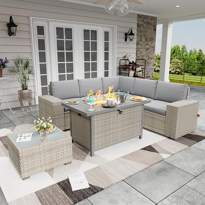 Broivira 7 Piece Patio Furniture Set with 50,000 BTU Rattan Fire Pit Table That Converts to Coffee Table, 9.8" Wide Arm Sectional Sofa with Storage Armrests, Outdoor Rattan Conversation Set, Grey