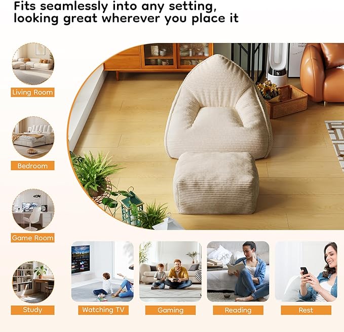 Cloud Large Bean Bag Chair with Ottoman, Corduroy Fabric+35D Memory Foam Big Beanbag Chair for Adults,Lounger Chairs Sofa Boneless Puff Chair for Living Room, Bedroom,Balcony,Playroom (Beige)