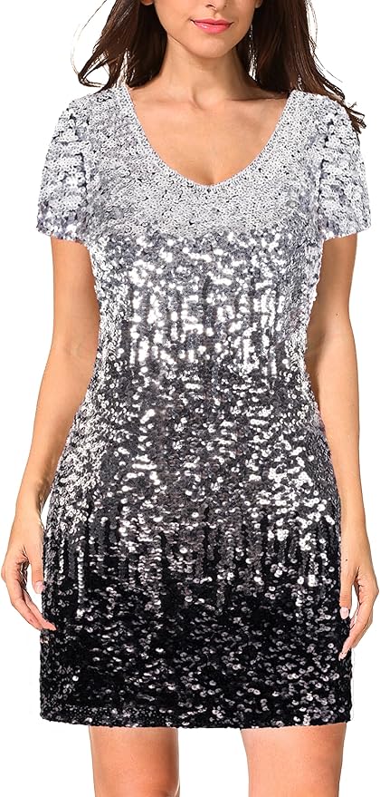 MANER Women's Sequin Glitter Short Sleeve Dress Sexy V Neck Mini Party Club Bodycon Dresses