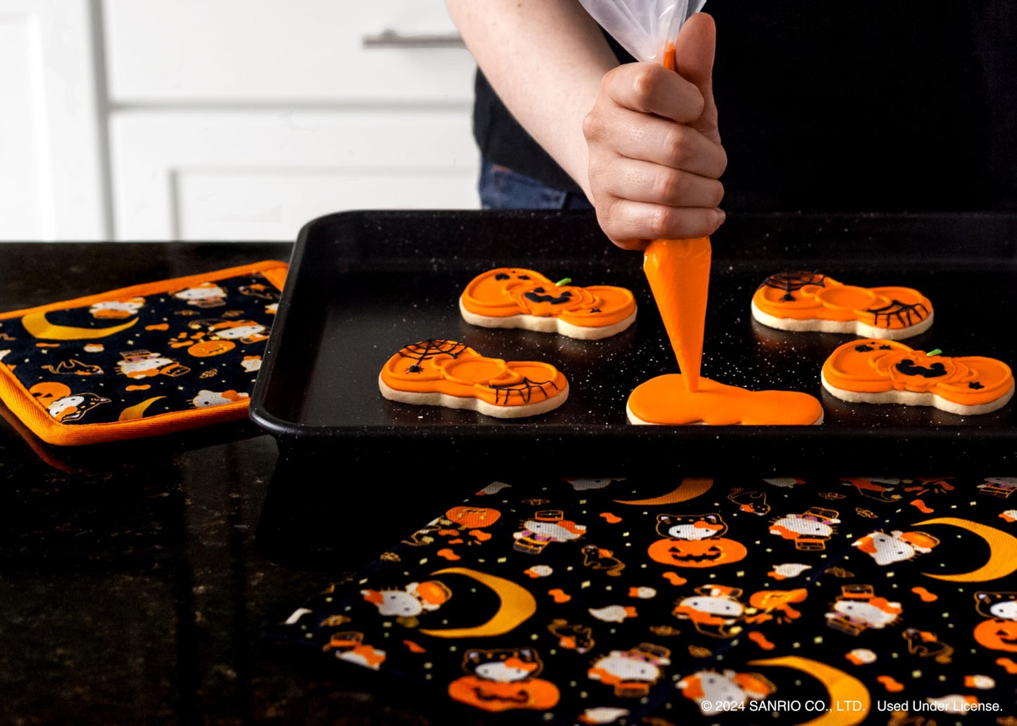 Handstand Kitchen Hello Kitty Spooky Season Halloween Print 100% Cotton Kitchen Towel and 7" Potholder Set