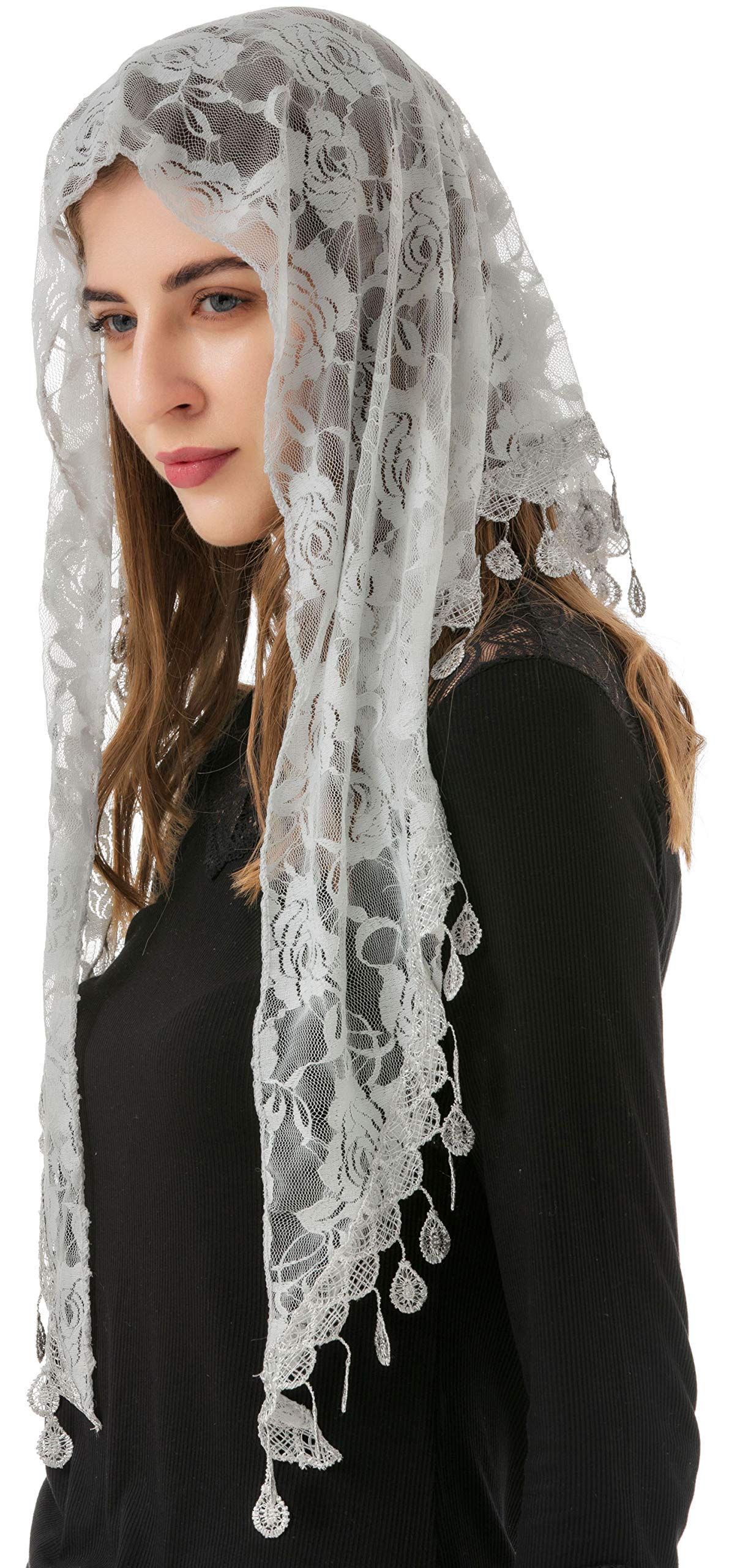 PAMOR Mass Veil Triangle Mantilla Cathedral Head Covering Chapel Veil Lace Shawl Latin Scarf (Gray)