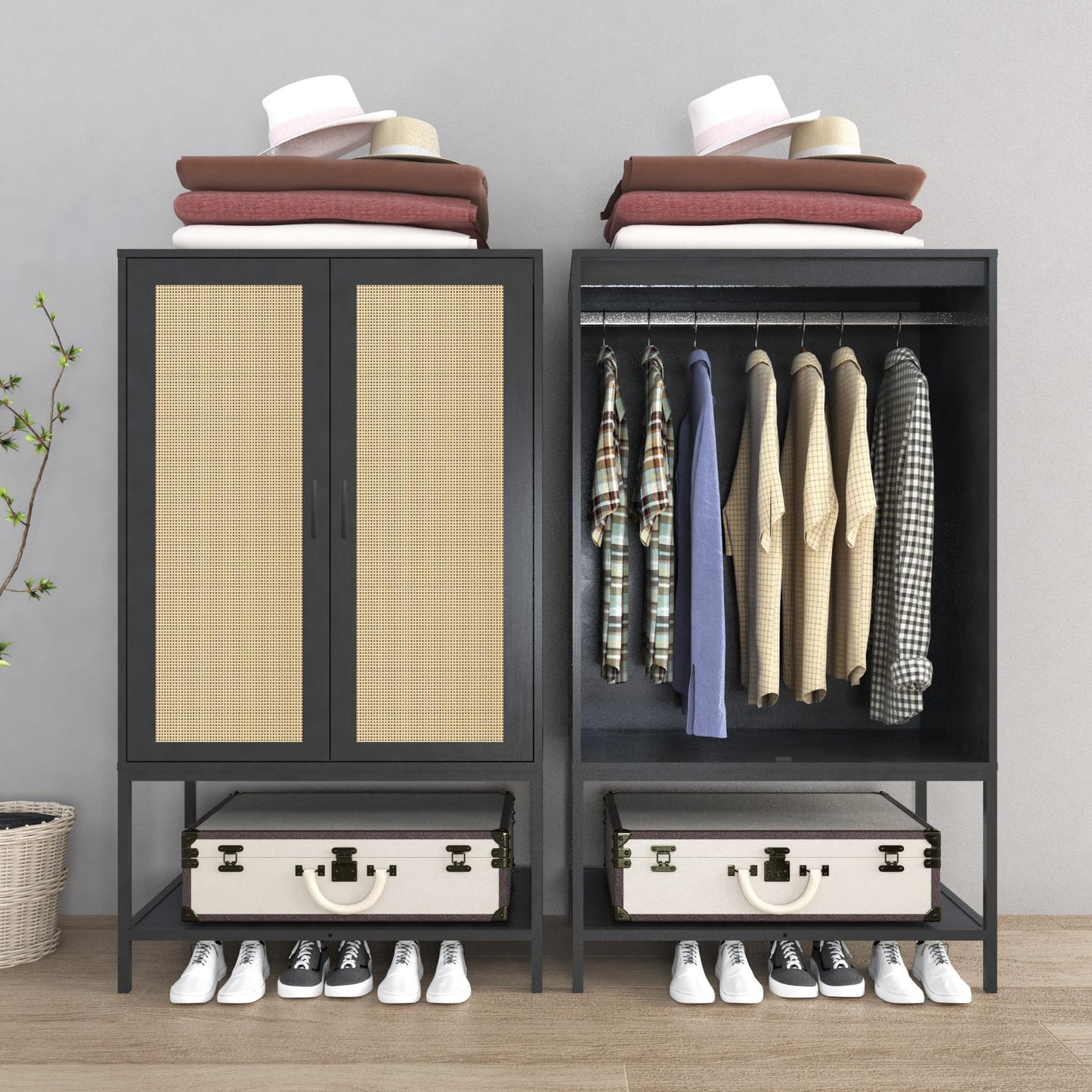 Gyger Wardrobe Closet with 2 Doors，Rattan Bedroom Armoires with Hanging Rod Freestanding Wooden Wardrobe Cabinet with Shelves,Black