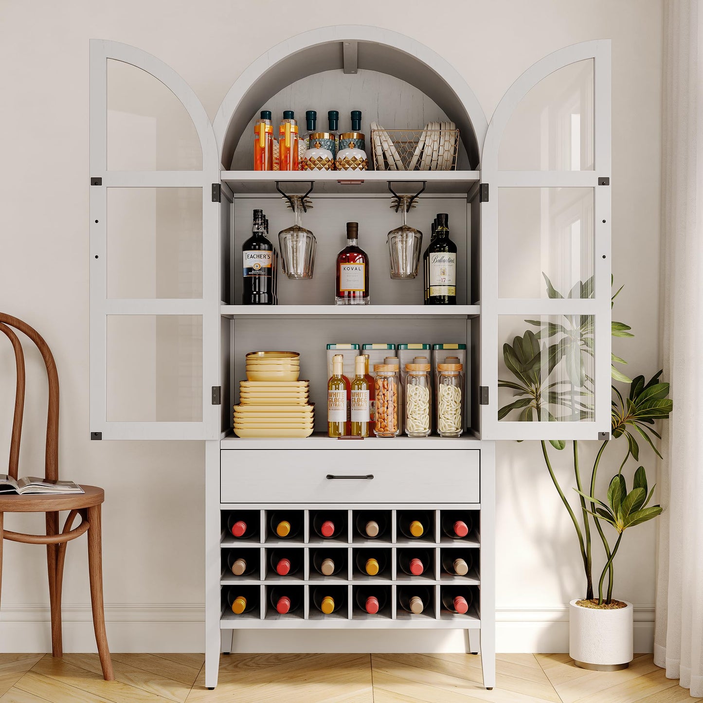 ONBRILL 71" Tall Wine Bar Cabinet, Arched Storage Cabinets with Door, Whiskey Station with Wine Rack and Glass Holder, Liquor Bar Cabinet for Home Kitchen Living Dining Room (Off White)
