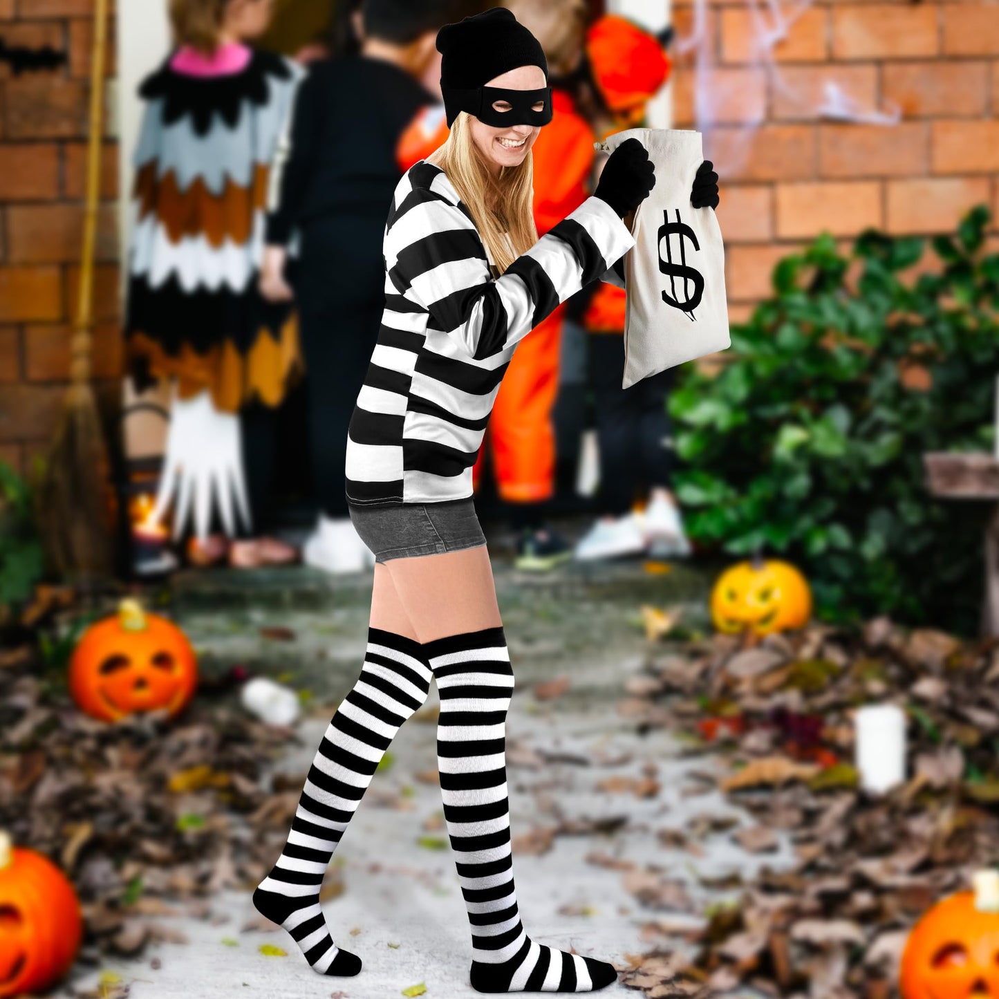 QZYL Halloween Women Robber Costume Set, M Women Thief Cosplay Striped Shirt Mask Gloves Beanie Cap Bag for Halloween Thief
