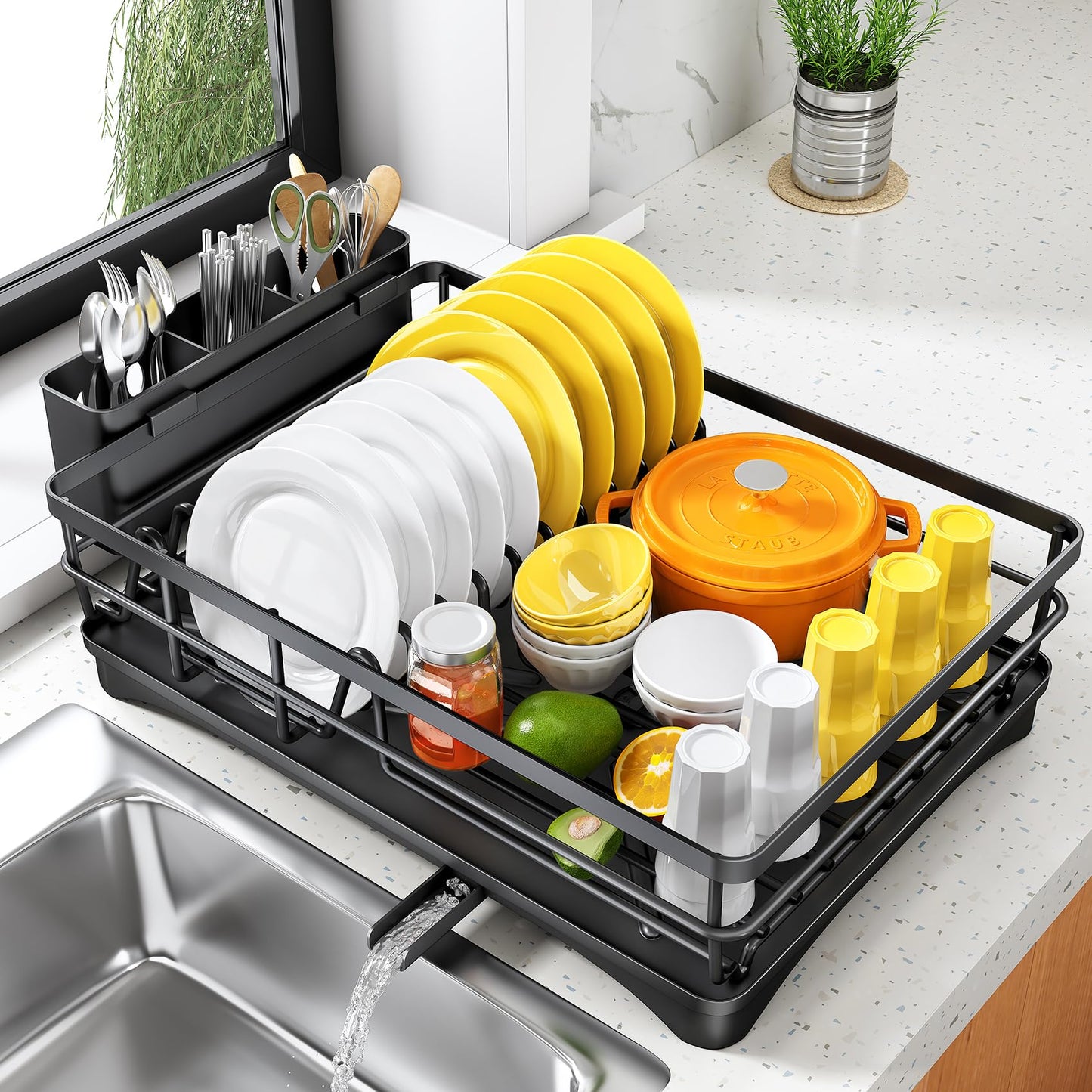 Dish Drying Rack for Kitchen Counter - Large Dish Rack with Drainboard, Rustproof Dish Drainer with Utensil Holder for Sink, Black