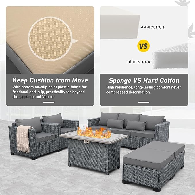 Lviden 6 Pieces Wicker Patio Furniture Sets Outdoor Conversation Set HDPE Rattan Sectional Sofa Couch with 45" Fire Pit Table and Grey Cushions