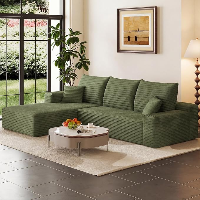 95" Cloud Sectional Couch with L-Shape Chaise, Modern Corduroy Boneless Couch for Living Room,Memory Foam Sofa with Deep Seat,No Assembly Required (Green,Left-Facing Chaise)