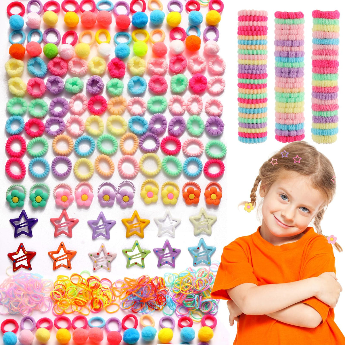 Small Elastic Hair Ties Hair Accessories for Girls，Colorful Baby Rubber Hair Bands Set with Hair Clips Hair Styling Tools