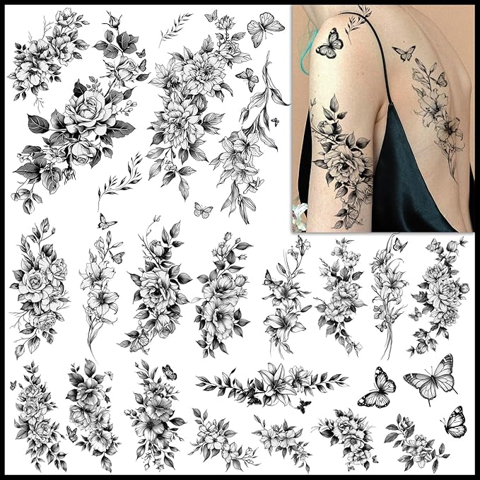 CHARLNET Realistic Flower Temporary Tattoos for Women - 9 Large Sheets Flower Rose Tattoos For Women Body Art Arm Chest Legs Shoulder