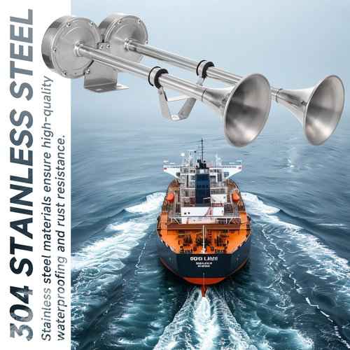 AOLIHAN 150db Boat Horn Deluxe: 12V Dual Horn Trumpet Upgrade - Polished Stainless Steel Marine Horns with Low & High Tones, Featuring Adjustable Horn Support（Upgraded Pair of Horns）