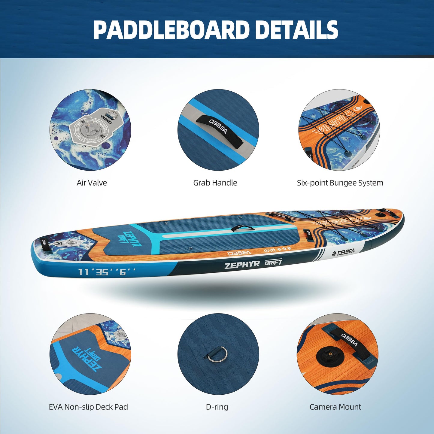 D3SEA 11'35" Extra Wide Inflatable Paddle Board with Non-Slip EVA Deck & Accessories Kit, Stable All Around SUP for All Skill Levels – for Yoga, Fishing, Youth & Adults, 370 lbs - Ocean Timber