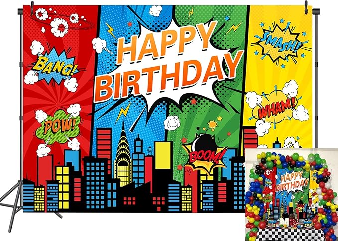 Generic Superhero Photo Backdrop (5x3FT, Colourful Vinyl) - Superhero Theme Birthday Party Backdrop for Boys Cake Table De...