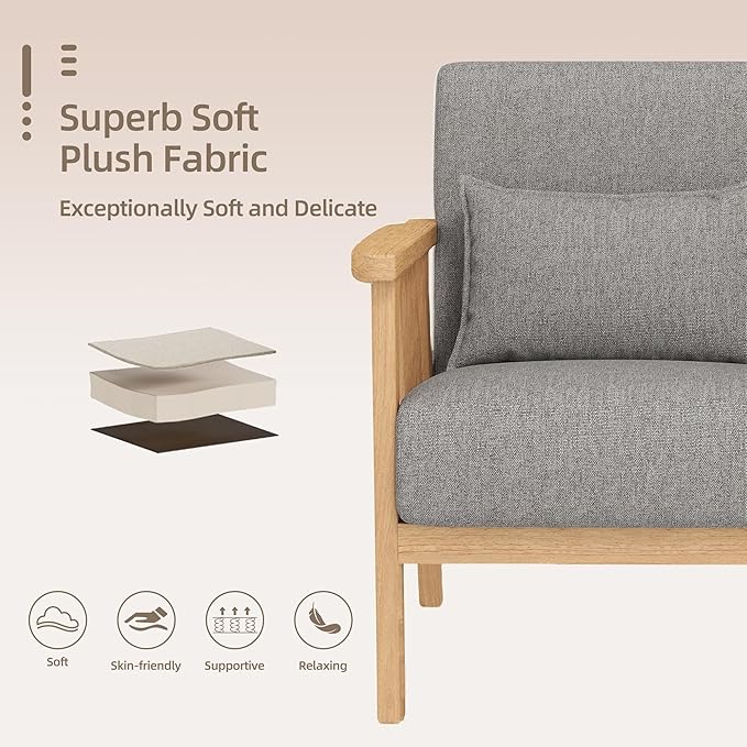 SEYNAR Mid-Century Accent Chair, Linen Fabric Armchair and Lounge Chair with Lumbar Pillow, Wide Seat & Solid Wood Frame for Living Room, Bedroom or Balcony (Light Gray)