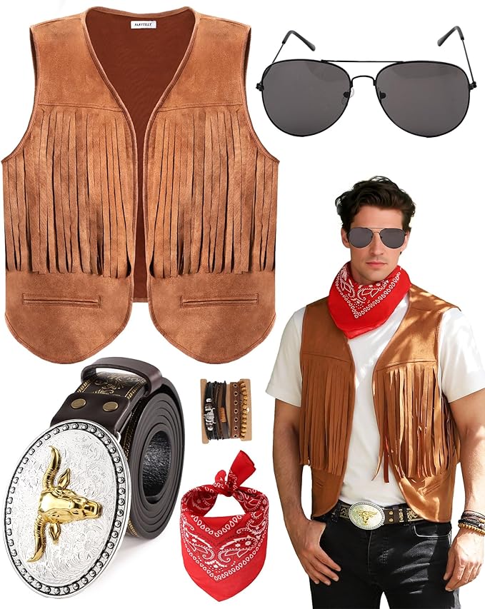PARTTELY Western Cowboy Costume Outfit for Men,Cowboy Vest Buckle Belt Accessories for Halloween Cosplay Party