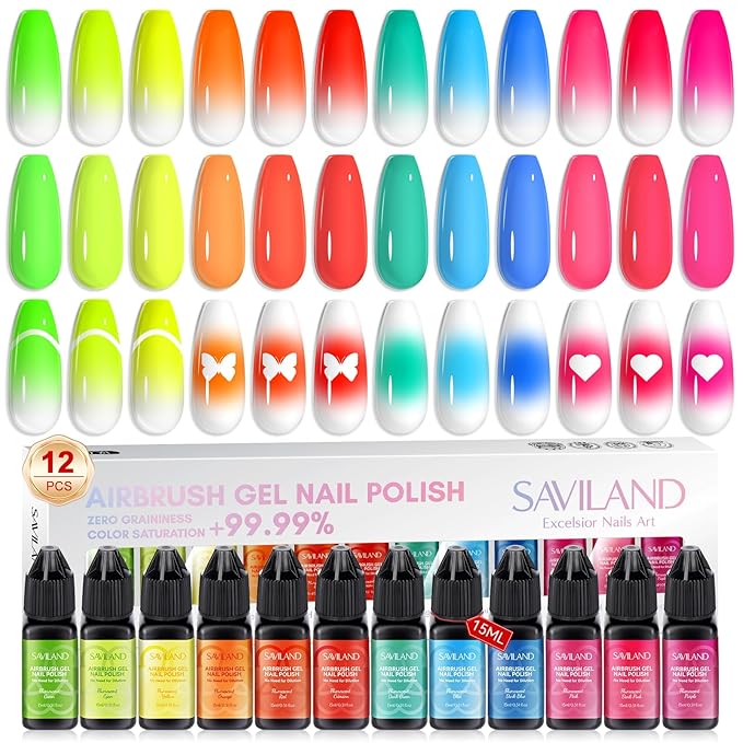 SAVILAND Airbrush Gel Nail Polish Hema-Free: Dilution-Free Fluorescent Airbrush Shine All Night Long,12 Colors Non-Acetone Glows in The Dark for Nails French Manicure DIY Salon & Party & Bar Social