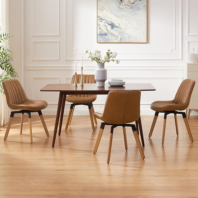 Art Leon Dining Chairs Set of 4, Mid Century Modern Swivel Kitchen Dining Room Chairs, Upholstered Faux Leather Armless Side Chairs with Wood Legs for Living Room Bedroom, Red Brown