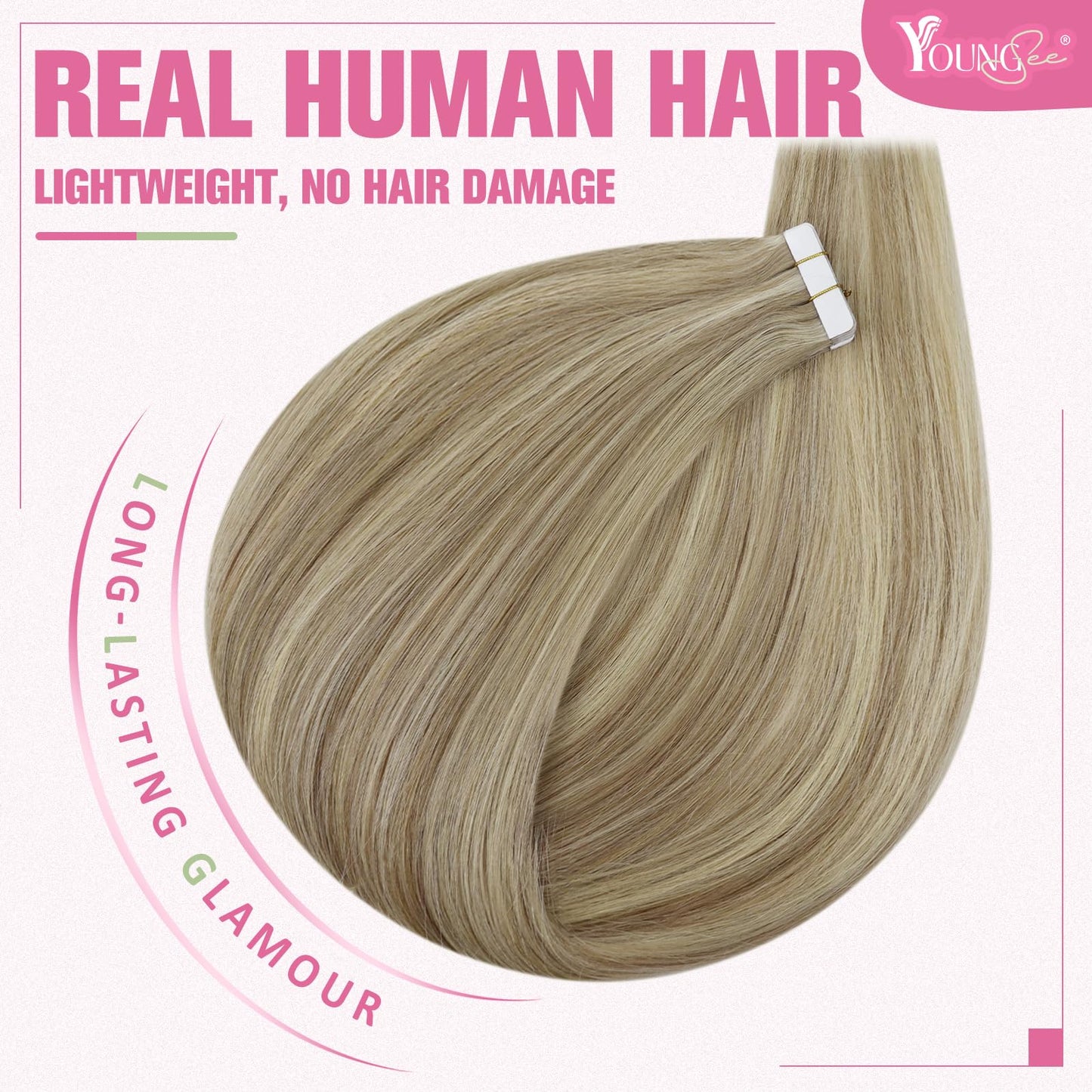 YoungSee Tape in Hair Extensions Real Human Hair Blonde Highlight Tape ins Human Hair Extensions Golden Blonde Highlights Human