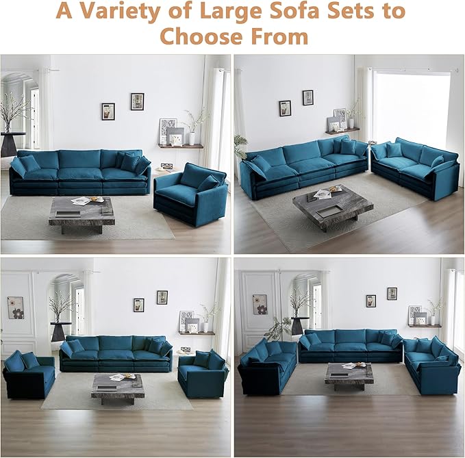 mikibama Luxury Modular Sectional Sofa, 146.5" Modern Chenille Comfy Cloud Couches for Living Room Office, 4 Seater Deep Sofa with 2 Armrest Pillows and 4 Toss Pillows, Blue