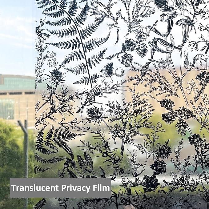 Winter Translucent Stained Window Film, Non Adhesive Floral Window Decals, Glass Door Covering Clings for Home Decorative, 16.93" W Engraved Monochrome Fern