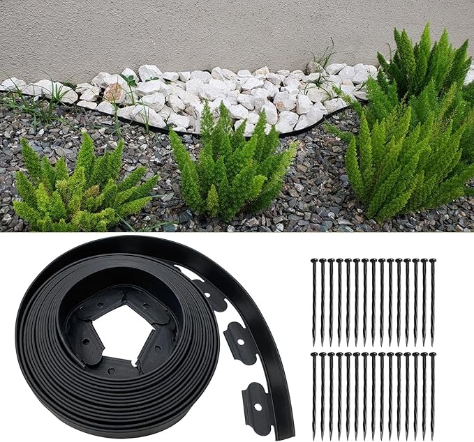 Garden Edging Border 33ft, 2in Tall Plastic Straight Top Lawn Edging Landscaping Edging Kit with 50pcs Spikes for Paver Edging, Grass Edging, Flower Beds, Yard, Black