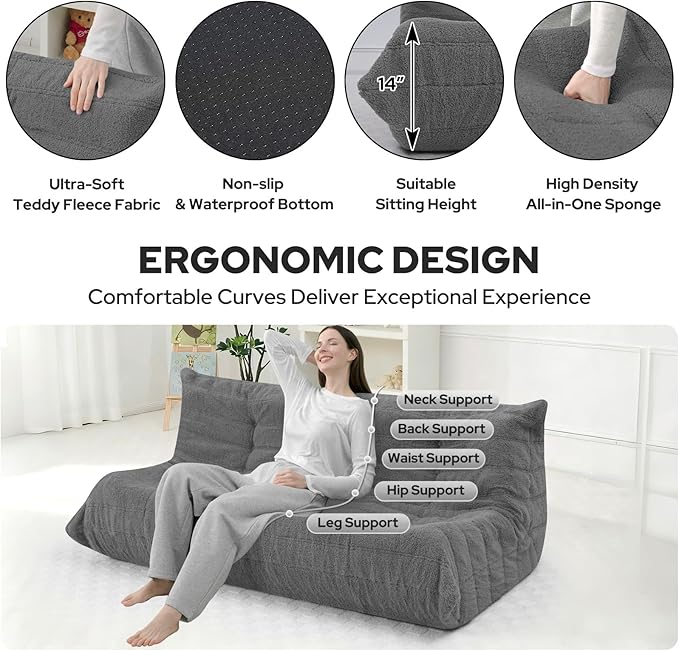HABUTWAY Bean Bag Chairs Fireside Lazy Floor Sofa, Soft Teddy Fleece 3 Seater Sofa with High-Resilience Foam Filling，Beanbag for Living Room, Bedroom, Office (Dark Grey Teddy)