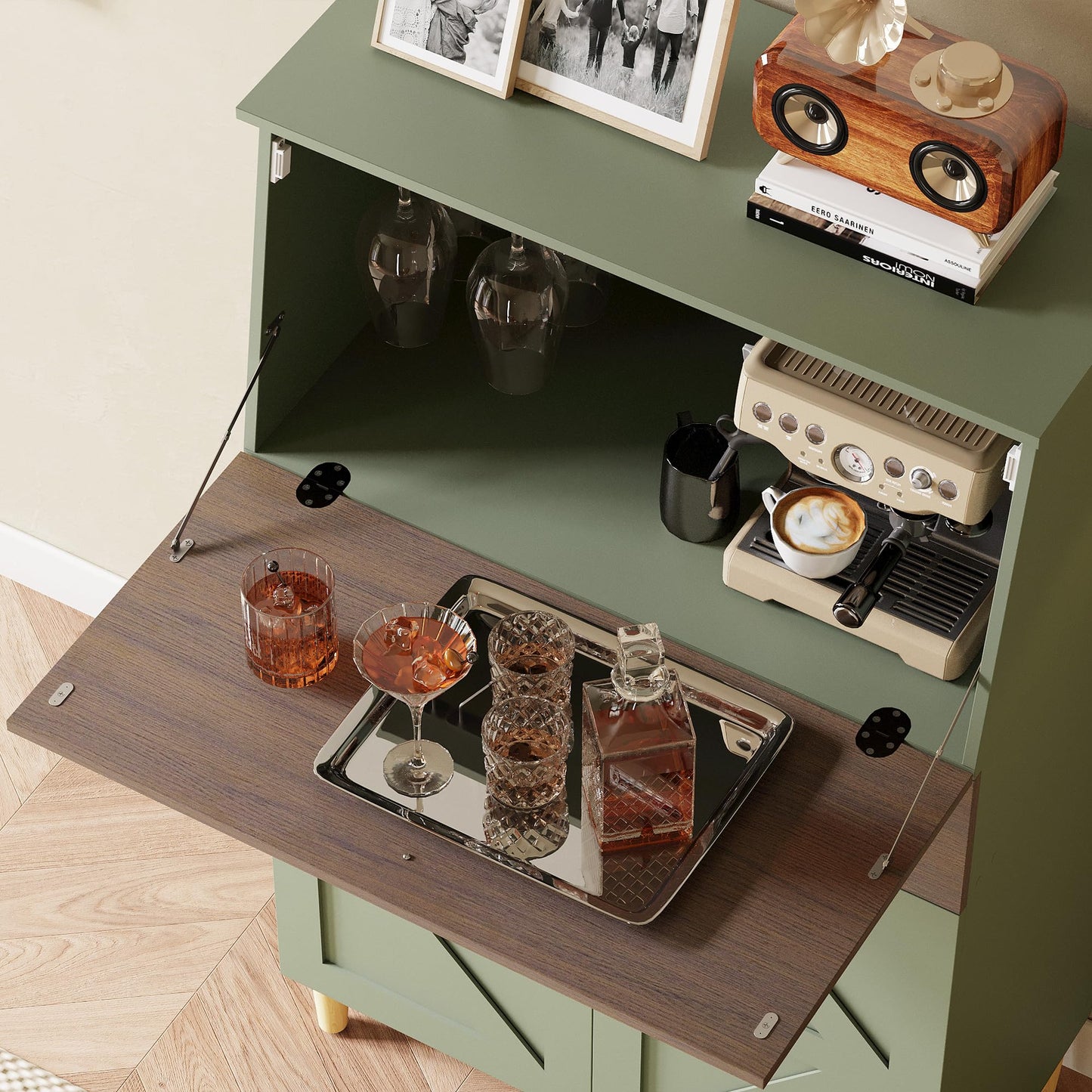 ANCTOR Bar Cabinet with Foldable Countertop 53" Liquor Cabinet Bar for Home with Wine Rack Hidden Storage Adjustable Shelf Large Drawer Wine Bottle Slots Quiet Closed Hinges