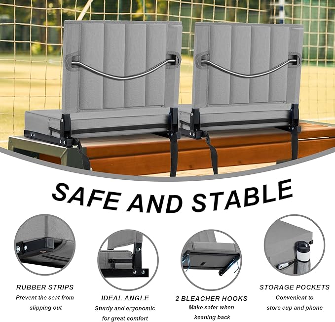 Aliphon Stadium Seat for Bleachers with Back Support and Cushion, Bleacher Seats with Shoulder Strap and Cup Holder, Padded Portable Folding Comfort Stadium Chair, for Sports Events, Grey (2pcs)
