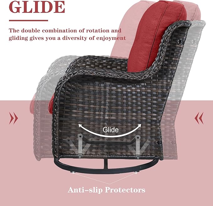 Belord 5 Piece Outdoor Patio Furniture Set - Wicker Furniture Patio Conversation Set, Outdoor Swivel Rocker Chairs with 3-Seater Sofa and 2 Ottomans for Small Space, Red Cushion