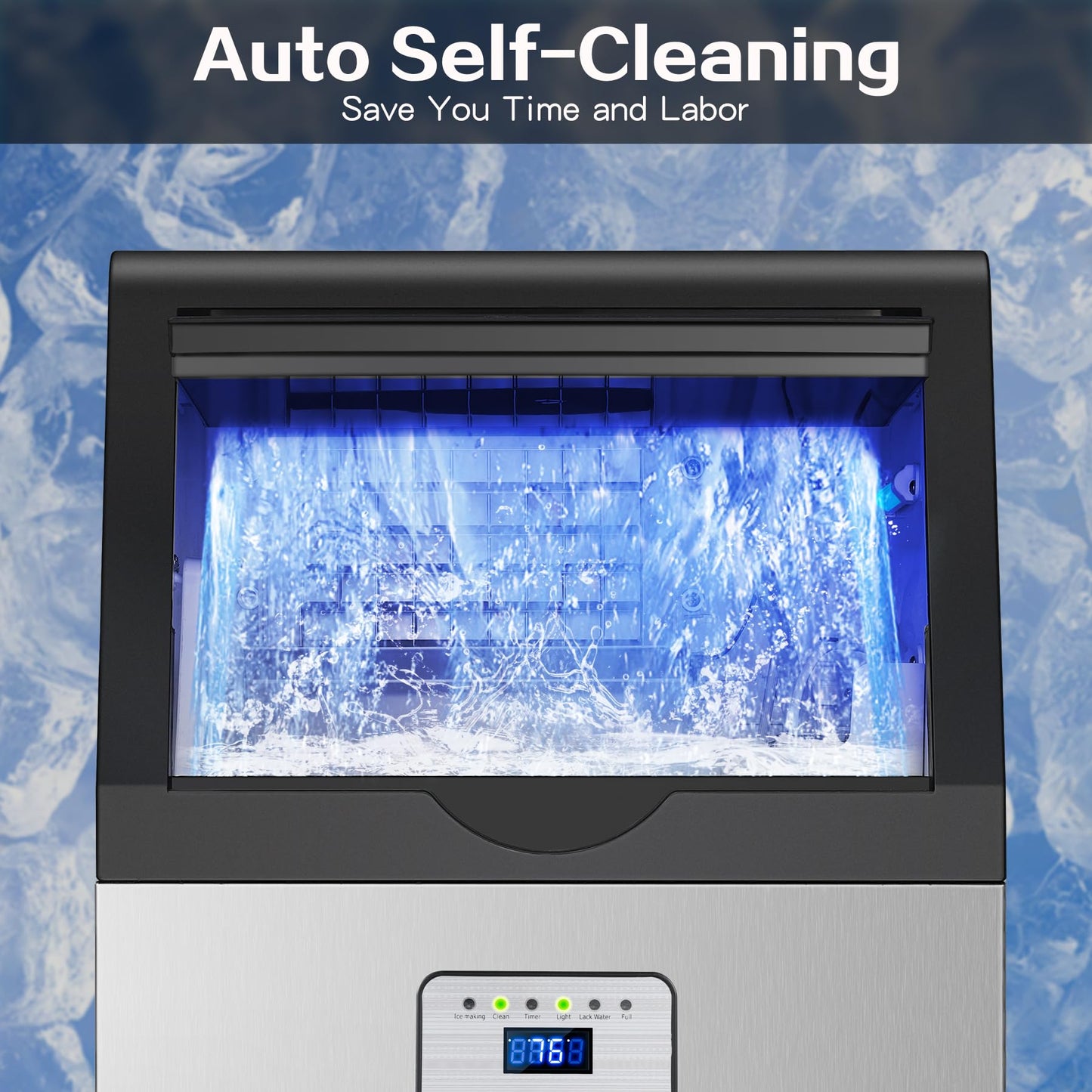 Amzgachfktch Commercial Ice Maker, 110lbs/24H Ice Maker Machine, Auto Self-Cleaning, LED Digital Display, Blue Light, Under Counter/Freestanding Ice Machine for Home/Office/Restaurant/Bar