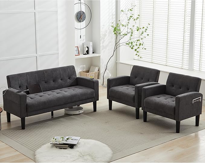 TYBOATLE Sofa Couch, Living Room Furniture Sectional Sofa Sets of 3 Pcs, Tufted Mid-Century Loveseat w/USB, Cupholders & Comfy Single Sofa for Small Space, Apartment, Office (Dark Grey)