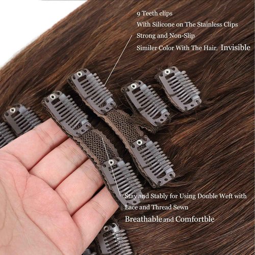 Ornate Hair Extensions Brown Real Human Hair Darkest Brown 100g Invisible Removable Thick Straight Fishing Line 8 Pieces Per Set Clip in Extensions Human Hair (4# clip in human hair, 22 inches-100g)