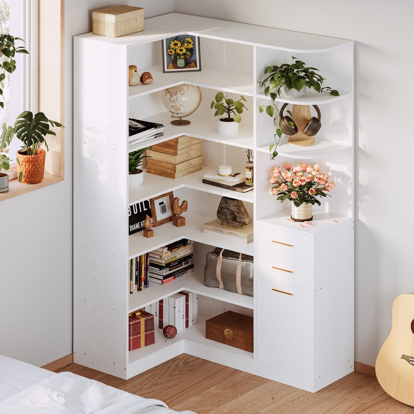 IRONCK Corner Bookshelf and Bookcase with 2 Drawer and 10 Open Shelves, 76.8" Height L Shaped Storage Shelf Corner Combination, for Living Room Home Office, Modern White