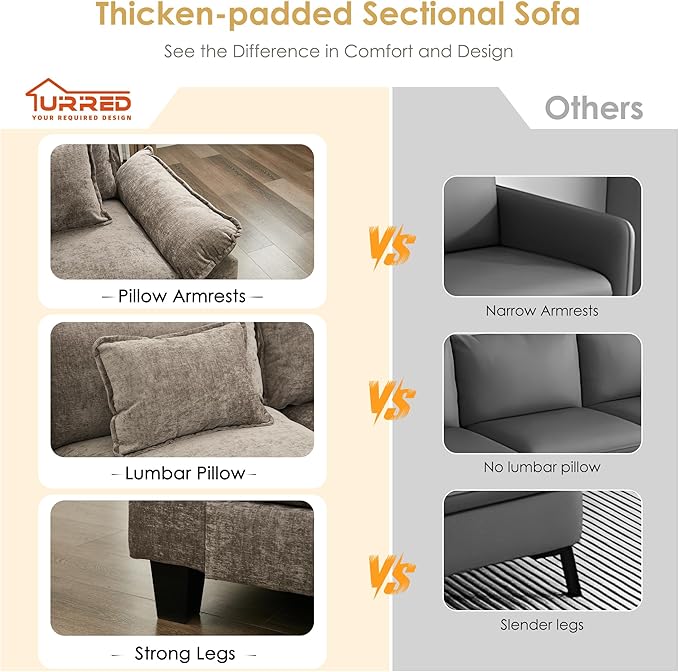 URRED Cloud Couch Modular Sectional Sofa, 122" Modern U Shaped Deep Seat Sofa with 2 Ottomans & Pillows, Ultra Comfy Chenille Couches for Living Room, Bedroom or Apartment, Khaki