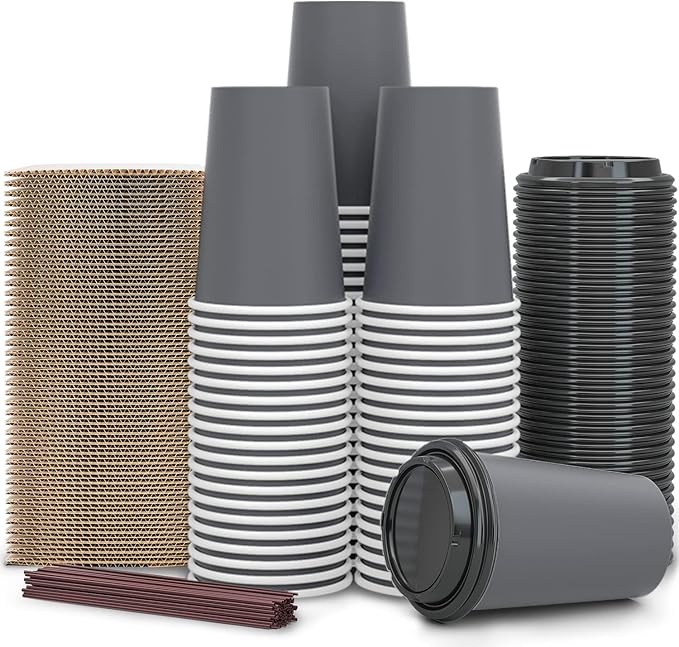 100 Pack - 12 oz Disposable Coffee Cups To Go with Lids Sleeves and Straws 100% Biodegradable & Compostable Pla Eco Friend...