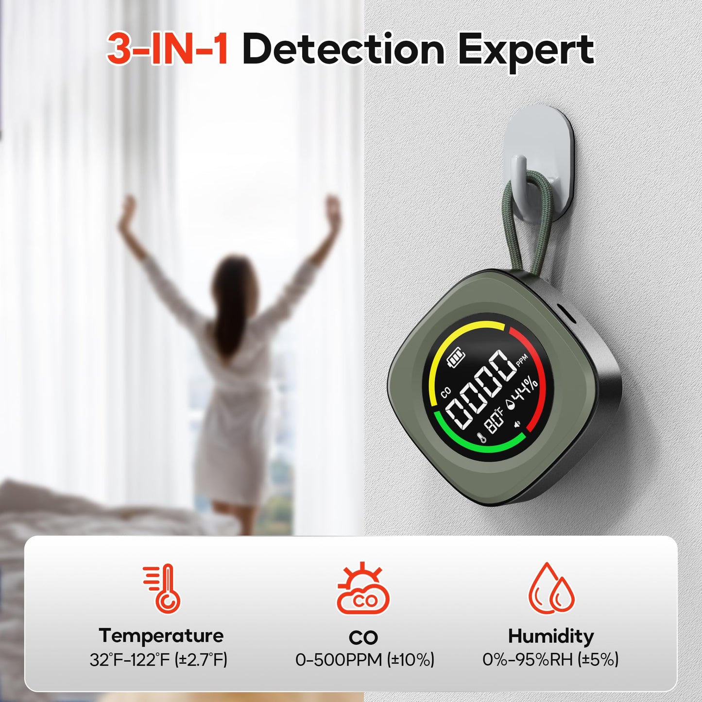 [2025 Upgrade] Carbon Monoxide Detectors - Portable CO Detector for Travel [Real Time Safety Guard] Mini 3-in-1 Co Monitor w/Mag, RV CO Alarm Temp/Hum Sensor, Rechargeable CO Monitor 168H Standby