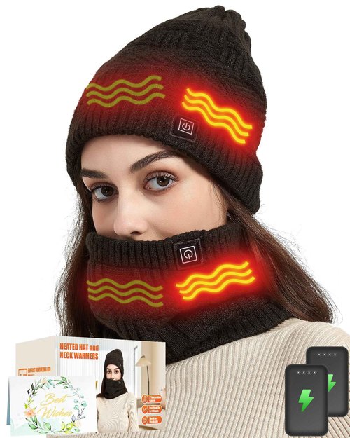 Lvkakmox Heated Hat - Men and Women Rechargeable Heating Hats, 3 Heated Controls, 4000mAh Battery Pack, Christmas Gift (Heated Hat and Neck Warmers)