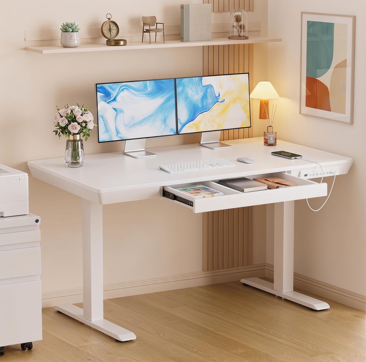 Marsail Electric Standing Desk with Drawers,48 x 24 inch Height Adjustable Standing Desk, Whole-Piece Table with Storage & USB Charging Ports, Small Computer Desk for Home Office White