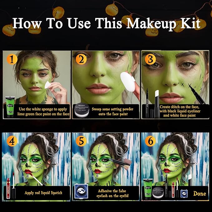 MEICOLY Green Face Paint Kit for Halloween Wicked Witch Elphaba Frankenstein Costume,Halloween Green Makeup Frankenstein,White Face Paint Stick,Setting Powder,Red Lipsticks,False Eyelash