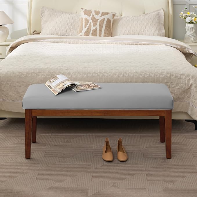 WUTUTUEE 43.5'' Faux Leather Bedroom Bench, Upholstered End of Bed Bench, Padded Vintage Dining Bench, Entryway Bench with Solid Wood Legs, Kitchen, Living Room, Hallway, Grey