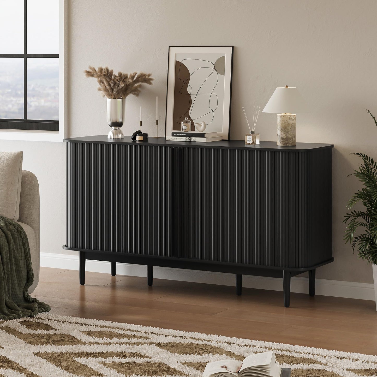 MAISONARIA 59" Wine Bar Cabinet with Storage, Sideboard Buffet Cabinet with Fluted Slide Doors, Modern Coffee Bar Table with 4 Wine Racks for Living Room, Kitchen, Entryway, Black