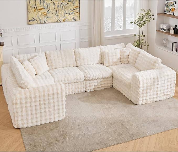 TYBOATLE 135’’ Boneless Slow-Rebound Memory Foam Couch, Cloud Sectional Couches for Living Room w/Upgraded Fabric, Deep Seat Comfy Fluffy U Shaped Modular Sectional Sofa w/Chaise, Beige