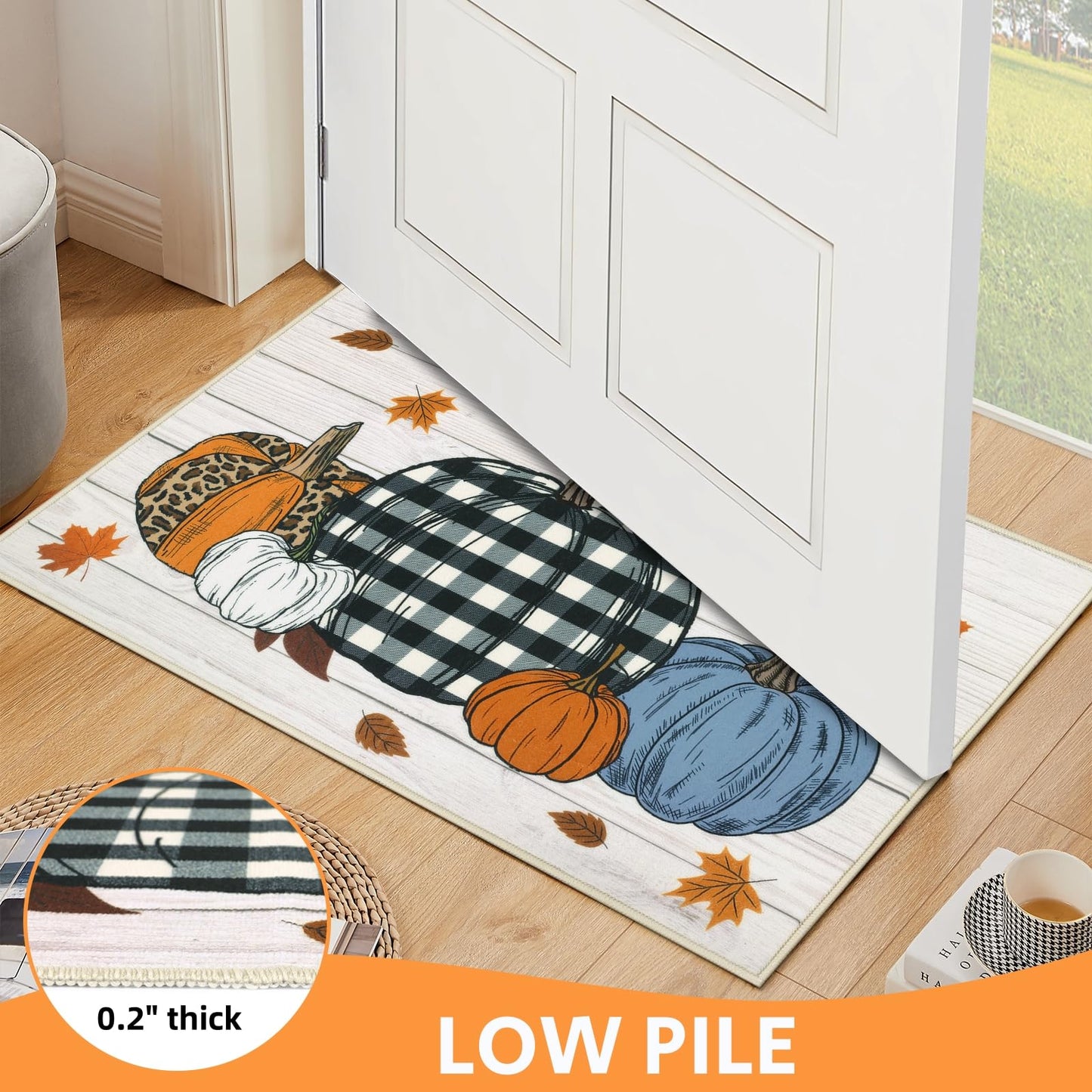 SHACOS Fall Pumpkins Kitchen Rug Sets of 3 Piece Non Slip Washable Kitchen Mats for Floor Autumn Harvest Farmhouse Floor Carpet for Hallway Entryway