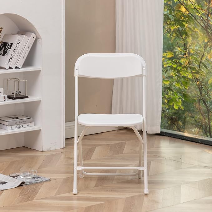 BTEXPERT Set of 10, White Plastic Folding Chairs Steel Frame Commercial 650LB High Weight Capacity Event Chair Lightweight for Office Wedding Party Picnic Kitchen Dining Church School - 10
