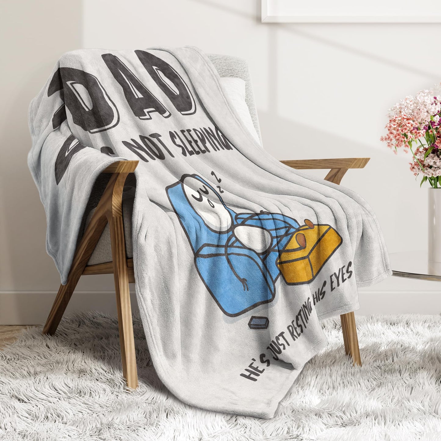 GoMelley Funny Birthday Gifts for Dad Husband, Dad is Not Sleeping Blanket, Dads Gifts from Daughter Son, Super Soft Throws Blanket for Couch and Napping, 60" x 50" (Gray)