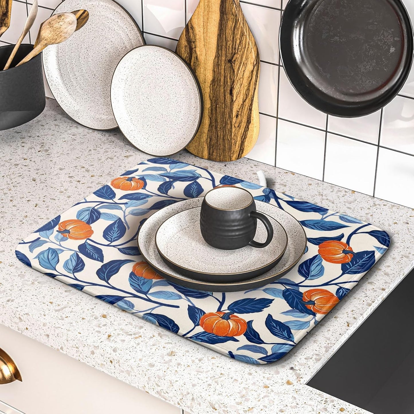 Autumn Pumpkin Dish Drying Mat for Kitchen Counter 16x18 Inch Blue and Orange Fall Thanksgiving Leaf Absorbent Reversible Microfiber Dish Drainer Rack Mats Countertops Protector Mat