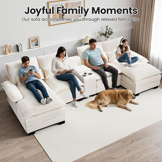 125" U Shaped Cloud Modular Sectional Couch for Living Room, Small Comfy Chenille Sofa with Double Chaise Lounge, Storage Central Console, Cup Holders, USB Port,Beige