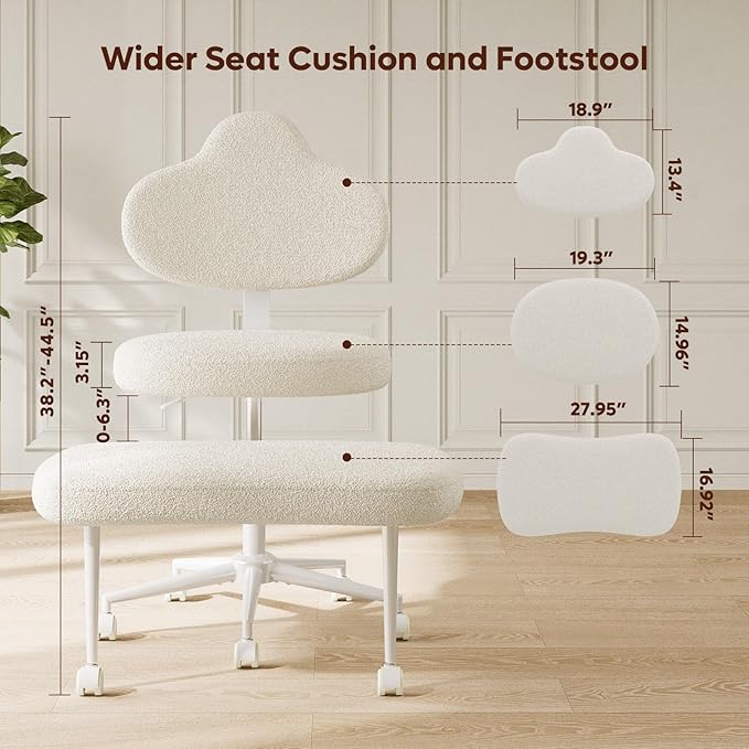 Cross Legged Office Chair with Wheels for ADHD, Ergonomic 360° Swivel Height-Adjustable Meditation Chair for Yoga, Kneeling Chair with 4 inch seat Cushion and Lumbar Support, Teddy Fabric, Off White