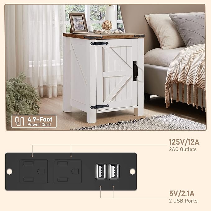 OKD Nightstand with Charging Station, 18 Inch Farmhouse End Table with Barn Door and Adjustable Storage Shelf, Rustic Wood Sofa Side Table w/Magnetic Door for Living Room, Bedroom, Antique White