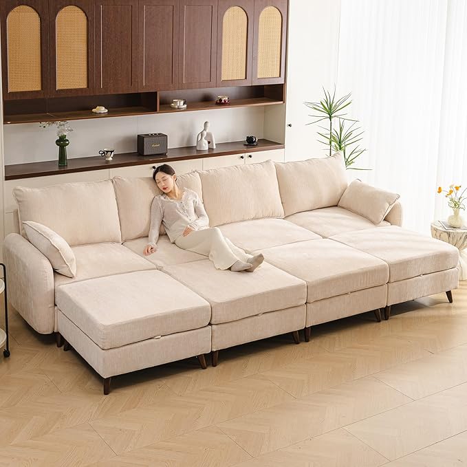 Rexulqo 135'' Modular Sectional Sofa with Seats Storage, Oversized Sleeper Sofa Bed,4-Seater Comfy Cloud Couches with Movable Ottoman,24.5'' Deep Seat,Big Sofas for Living Room,Bedroom,Velet,Cream