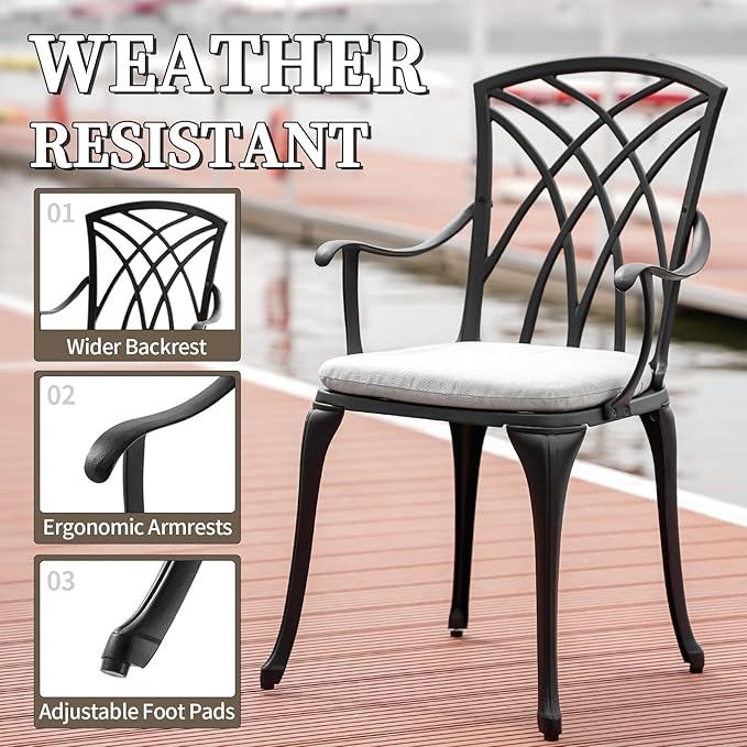 Withniture Patio Bistro Sets Cast Aluminum Bistro Table and Chairs Set of 2 with Umbrella Hole,Outdoor Bistro Set with Cushion for Yard (BLACK1)